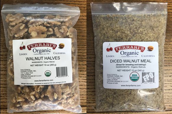 Bags Of Raw Organic Chandler Walnut Halves And Meal Ferrari Farms